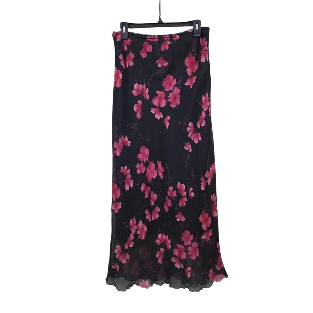 VTG Dark Romantic 90s Y2K Skirt M Black Floral Chiffon Maxi A-Line Whimsigoth